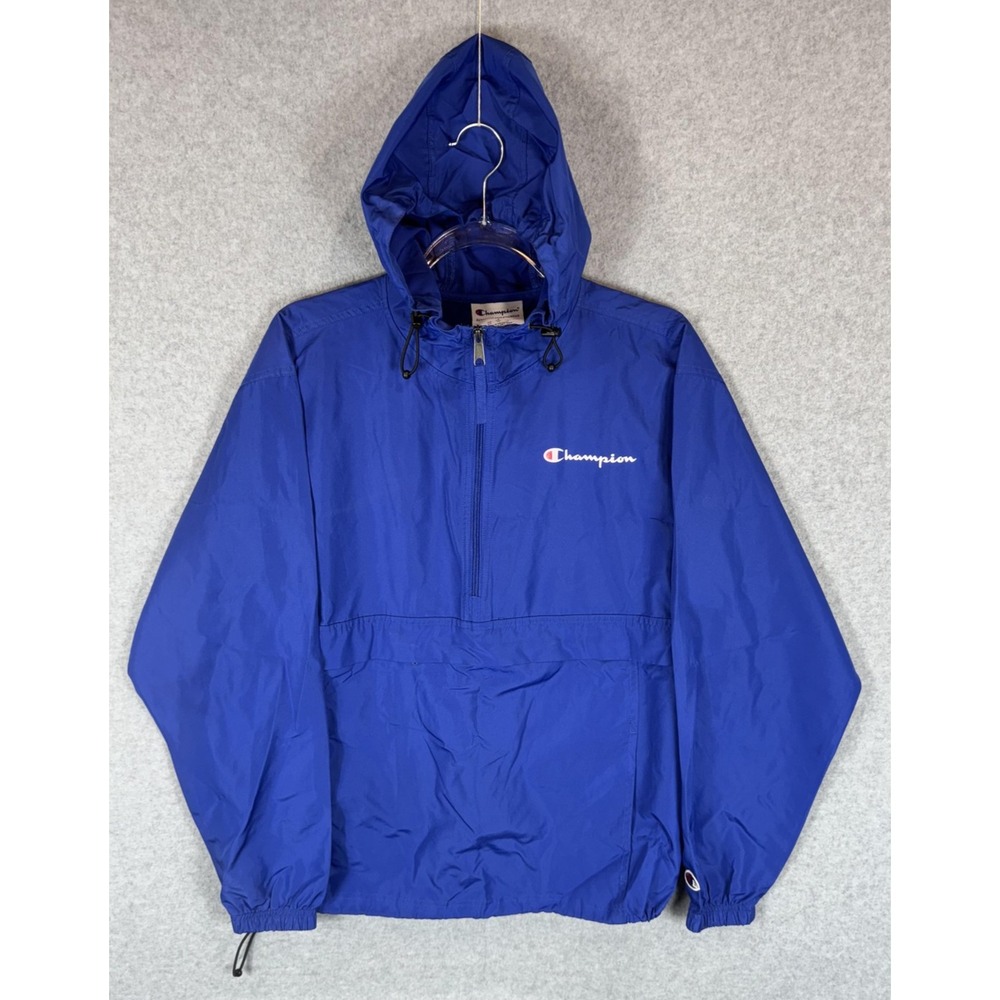 Champion Pullover Jacket Mens Small Blue Hooded Windbreaker Lightweight Logo